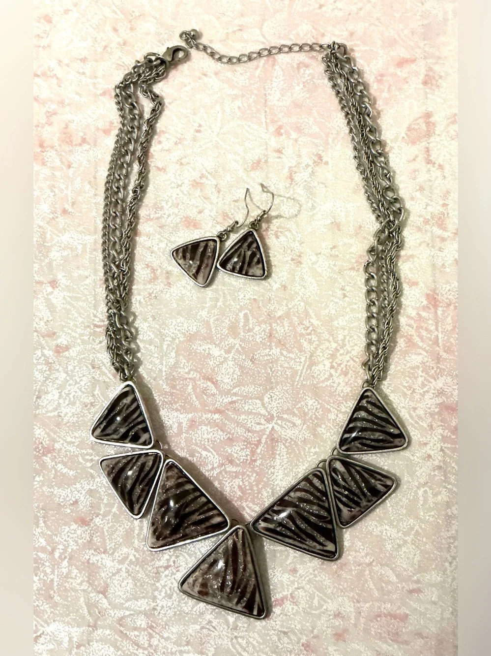 Silver-Tone Zebra Triangle Statement Necklace and Earring Set - Brown/Black